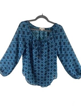 Misia Scoop Neck 3/4 Sleeve‎ Diamond Pattern Lightweight Blouse Tasseled Size S